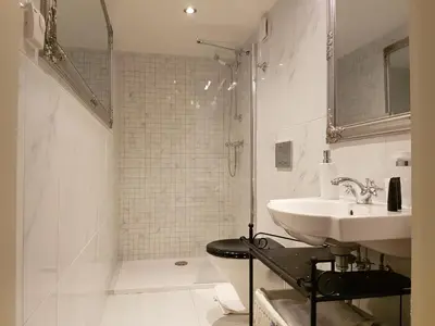 a bathroom with a sink and a toilet and a shower at Charles apartment in Prague