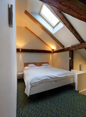 a bedroom with a bed and a skylight at Apartments At The Blue Duckling in Prague