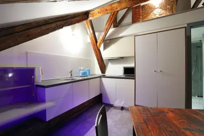 a kitchen with purple cabinets and a wooden table at Apartments At The Blue Duckling in Prague