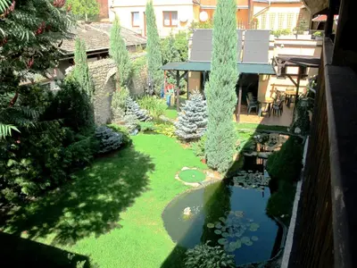 an aerial view of a garden with a pond and trees at Hotel U Lišky in Hošťka