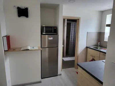 a kitchen with a stainless steel refrigerator with a microwave at Apartments Anna and Ondra in Prague
