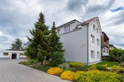 a white house with a tree next to a driveway at Apartments Anna and Ondra in Prague