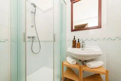 a bathroom with a sink and a shower at Quiet Apartment in The Old Town in Prague