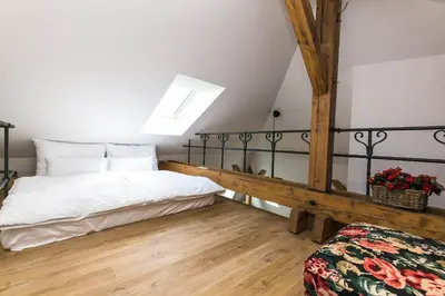 a bedroom with a bed and a skylight at The Old Town Square & Parizska Apartments in Prague