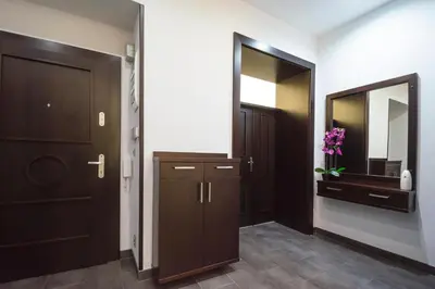 a bathroom with a brown door and a mirror at Luxury apartments Pricna in Prague