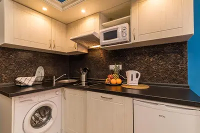 a kitchen with a washing machine and a microwave at Residence Vaclavska in Prague
