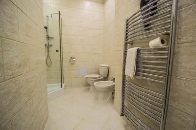 a bathroom with a toilet and a shower at 4BDR Historical Spirit Apt by Ruterra in Prague