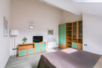 a bedroom with a bed and a tv and cabinets at Duskova Apartments in Prague