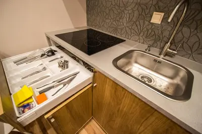 a kitchen with a sink and a stove at Bourgeois Apartment in Cultural Heritage Building by Ruterra in Prague