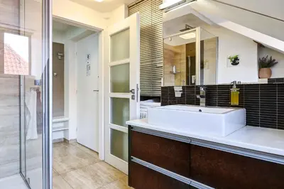a bathroom with a sink and a mirror at Agnes - Apartments in Prague