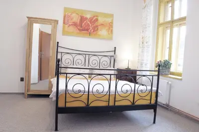 a bedroom with a black and yellow bed and a mirror at Apartmány V Podzámčí II. in Mělník