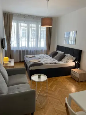 a bedroom with a bed and a couch and a table at Agnes - Romance in city II. in Prague