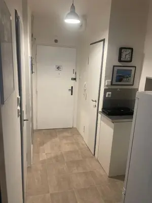 a hallway with a white door and a kitchen at Agnes - Romance in city II. in Prague