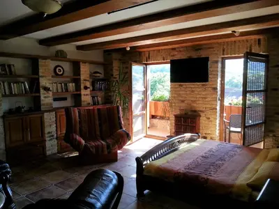 a living room with a couch and a chair and a television at Ubytování Steak-Hredle in Hředle