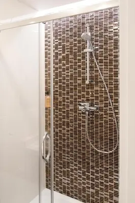 a bathroom with a shower with a glass door at Bear Fountain Residence in Prague
