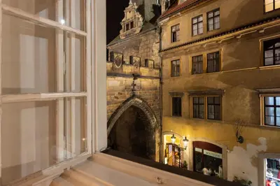 a window with a view of a building at Hotel Pod Věží in Prague
