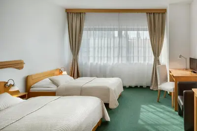 a hotel room with two beds and a window at Hotel Oya in Prague