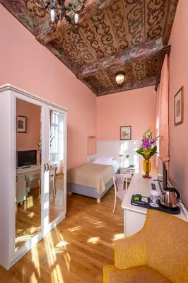 a room with a bed and a desk with a television at Hotel Cerny Slon in Prague