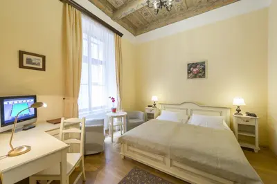 a bedroom with a bed and a desk and a television at Hotel Cerny Slon in Prague