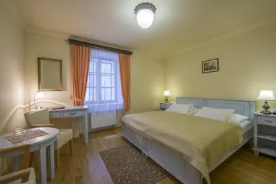 a bedroom with a bed and a desk and a window at Hotel Cerny Slon in Prague