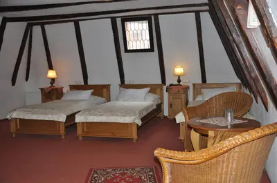 a bedroom with two beds and a table and chairs at Hotel Cerny Slon in Prague