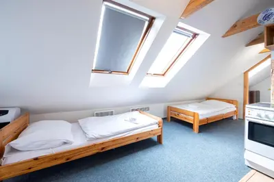 a bedroom with two beds and two windows at Penzion Vědomice in Vědomice