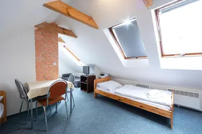 a room with a bed and a table and chairs at Penzion Vědomice in Vědomice