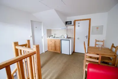 a kitchen and dining room with a table and chairs at Penzion Vědomice in Vědomice