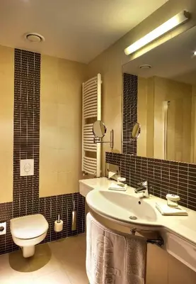 a bathroom with a sink and a toilet and a mirror at Clarion Hotel Prague City in Prague