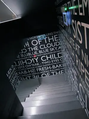 a stair case with a wall of words on it at MOODs boutique hotel in Prague