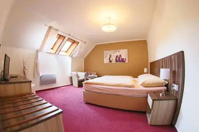 a bedroom with a bed with a purple carpet at Hotel Koruna in Karlštejn