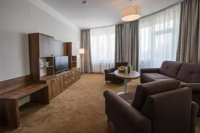 a living room with a couch and a tv at Hotel Bellevue Tlapak in Poděbrady