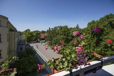a view of a street with flowers on a balcony at Hotel Bellevue Tlapak in Poděbrady