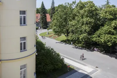a view of a street from a building at Hotel Bellevue Tlapak in Poděbrady