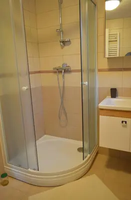 a shower with a glass door in a bathroom at U Lokálky in Zadní Třebaň