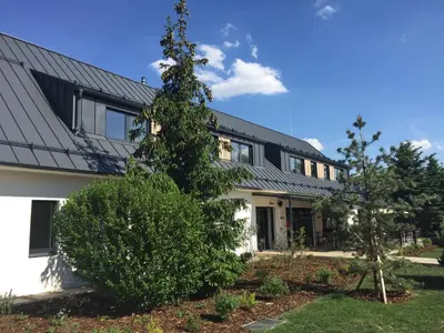 a house with a black roof and a tree at Penzion Koráb in Prague