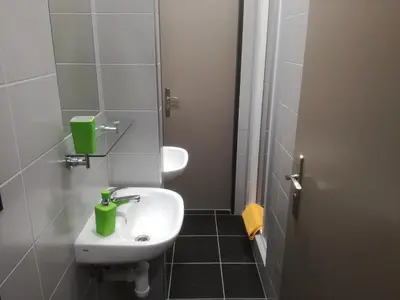 a small bathroom with a sink and a shower at Sporthotel Zimní stadion Benešov in Benešov