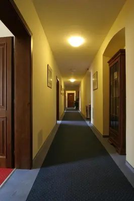 an empty hallway with yellow walls and a long carpet at Hejtmanský dvůr in Slaný