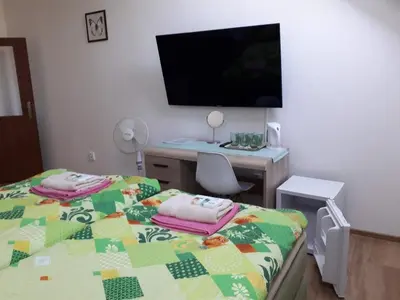 a bedroom with a bed and a desk and a television at Penzion Na Hrazi in Poděbrady