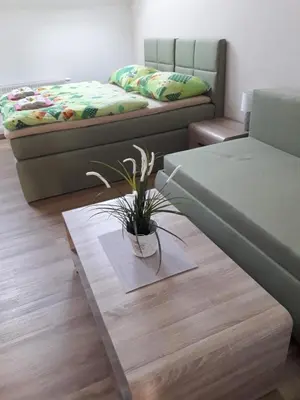 a living room with a bed and a coffee table at Penzion Na Hrazi in Poděbrady