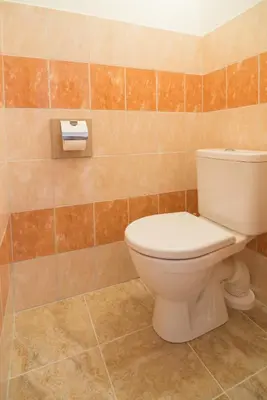 a bathroom with a toilet and a tiled wall at Cozy Apartments with Terrace near Prague Castle in Prague