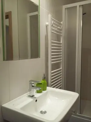 a bathroom with a white sink and a mirror at NOT POSSIBLE TO BOOK !!! Apartment Vltavska B in Prague