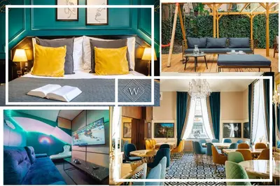 a collage of pictures of a hotel room with the eiffel tower at Hotel Praga 1885 by Wagnerstays in Prague