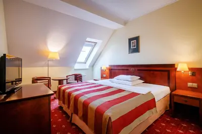 a dining room with wooden tables and chairs at Hotel Villa in Prague