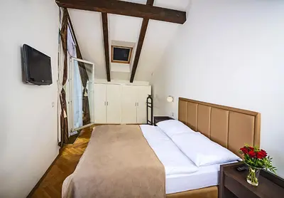 a bedroom with a bed and a tv in it at Deminka Palace in Prague