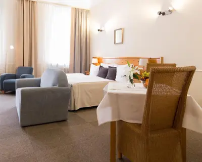 a hotel room with a bed and a table and a chair at Unitas Hotel in Prague