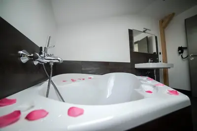 a bathroom with a white tub with pink hearts on it at Hotel Herrmes in Prague
