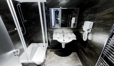 a bathroom with a sink and a shower and a mirror at Hotel Herrmes in Prague