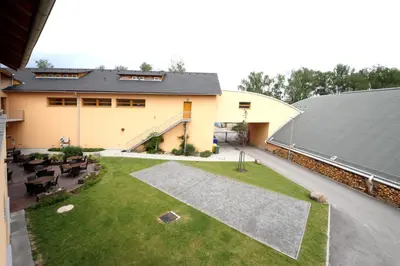 an aerial view of a house with a yard at Hotel S-centrum in Benešov