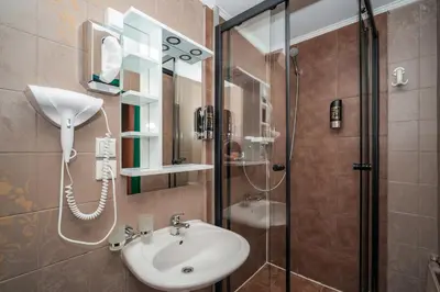 a bathroom with a sink and a shower at Hotel Czechia in Prague